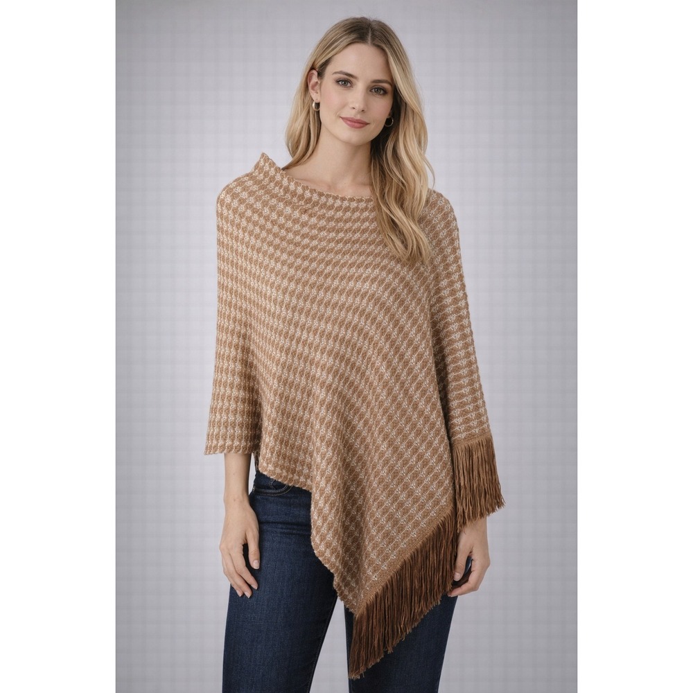 Chico's Tan White Textured Knit Fringe‎ Poncho Sweater Women's Small/Medium